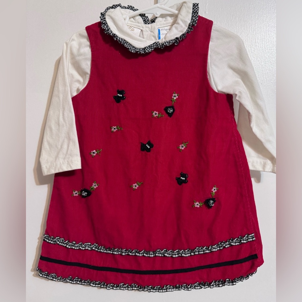 Little bitty Red and White Embroidered dog Dress 24 months